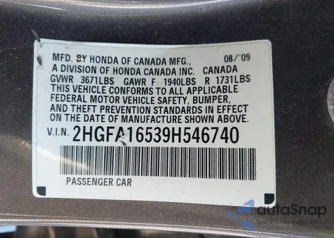 2009 Honda Civic Lx from USA, damaged, VIN 2HGFA16539H546740